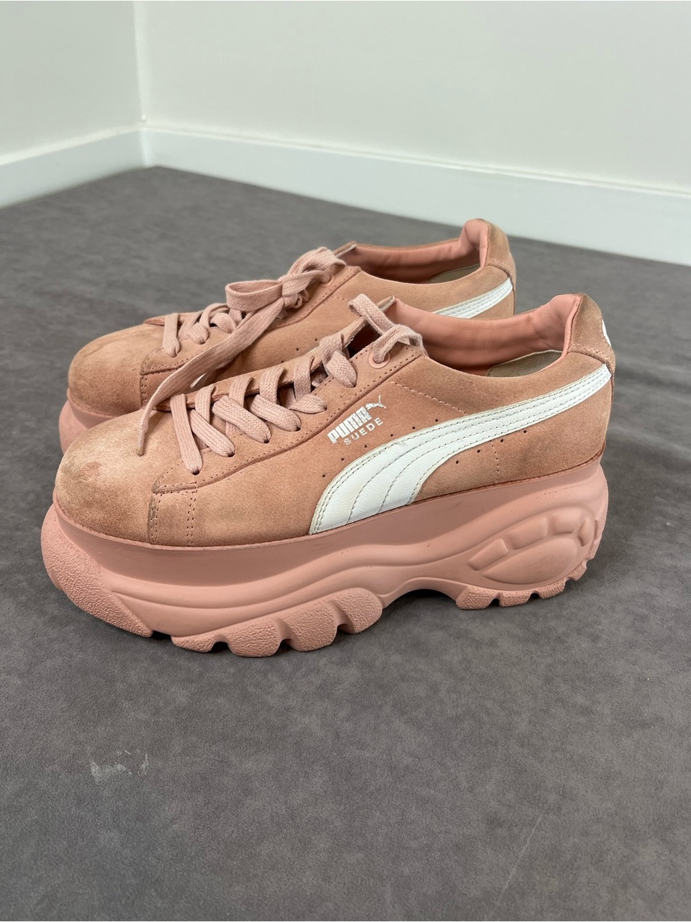 Puma Pink Suede Platform Sneakers with White Formstrip